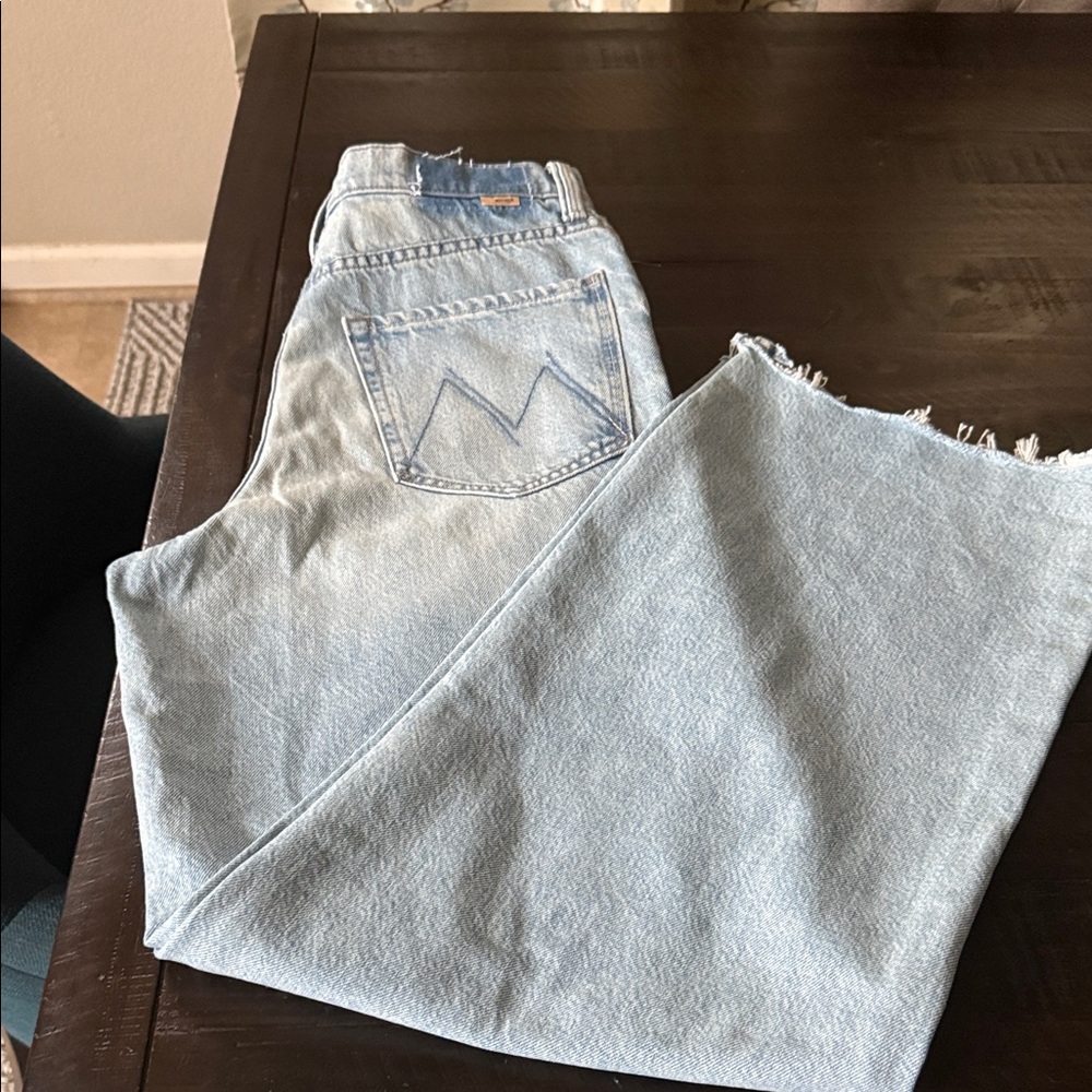 MOTHER High Waisted Spinner Zip Sneak Chew Light Blue Denim Jeans